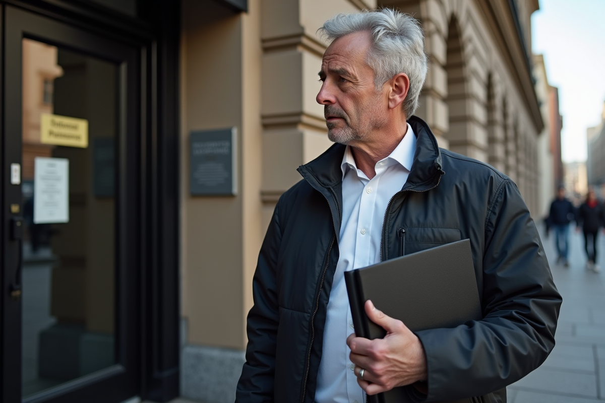 Homme regardant une affiche officielle devant un bâtiment administratif