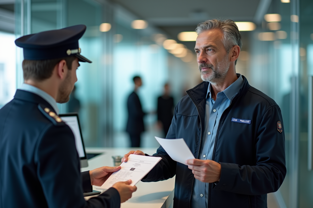 Homme remettant des documents à un agent administratif