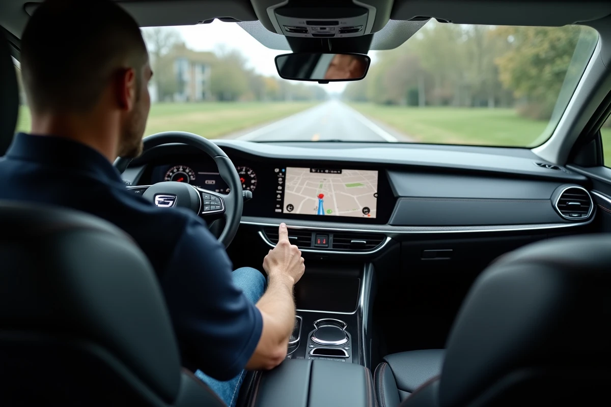 Homme utilisant l'écran de navigation GPS de sa voiture pour localiser les stations E85 à proximité