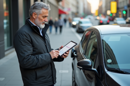 Homme d'âge moyen analysant des graphiques de consommation d'énergie à côté d'une voiture moderne