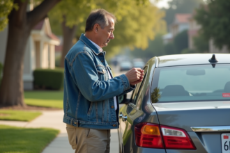 Homme hispanique examine sa plaque d'immatriculation expirée devant sa voiture