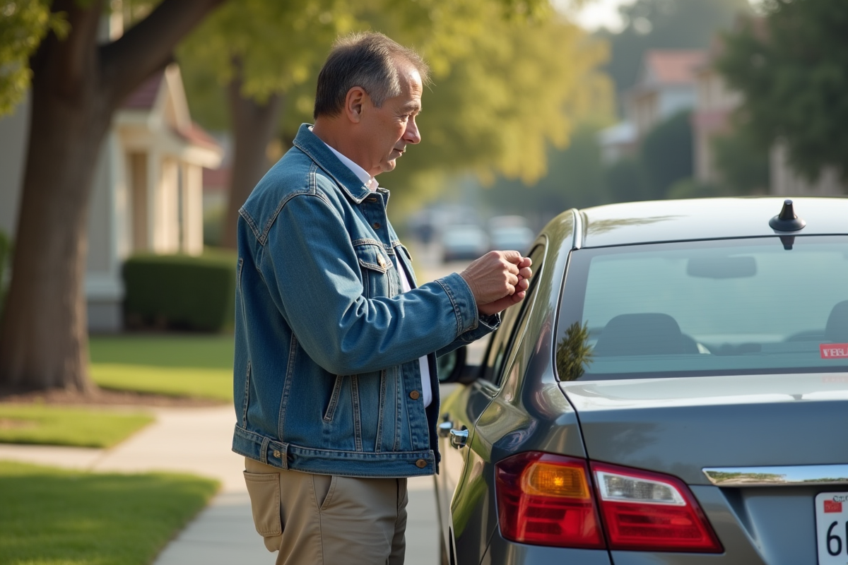 Homme hispanique examine sa plaque d'immatriculation expirée devant sa voiture
