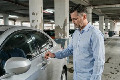 Homme inspectant un accrochage sur sa voiture dans un parking urbain, illustrant le recours à une assurance auto BPCE