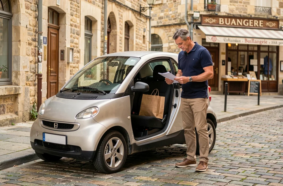 Homme consultant des documents de leasing près d'une voiture sans permis dans une rue pavée de centre-ville français