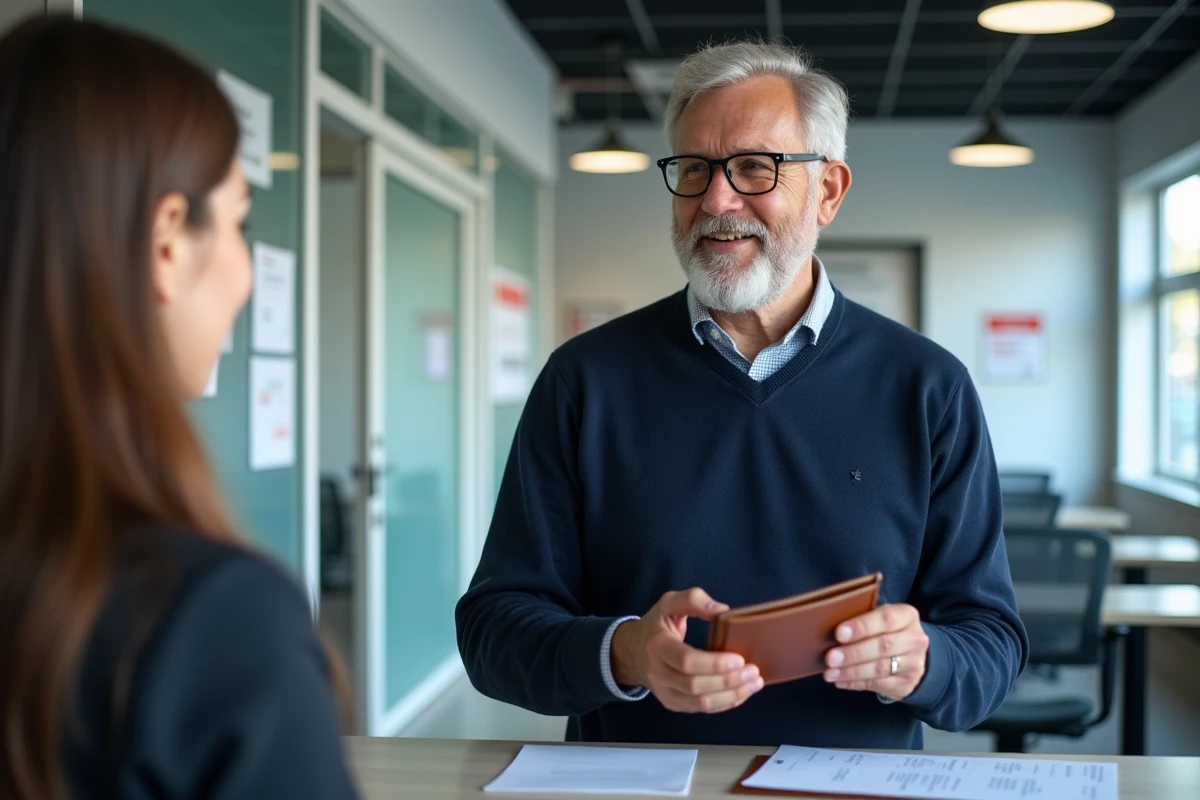 Homme montre son permis de conduire à une employée dans une autoécole moderne