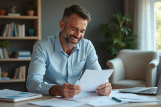 Homme souriant vérifiant son permis de conduire à la maison