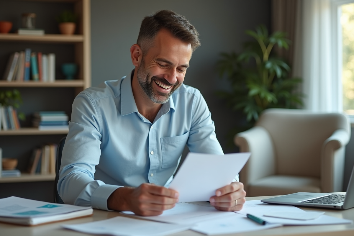 Homme souriant vérifiant son permis de conduire à la maison