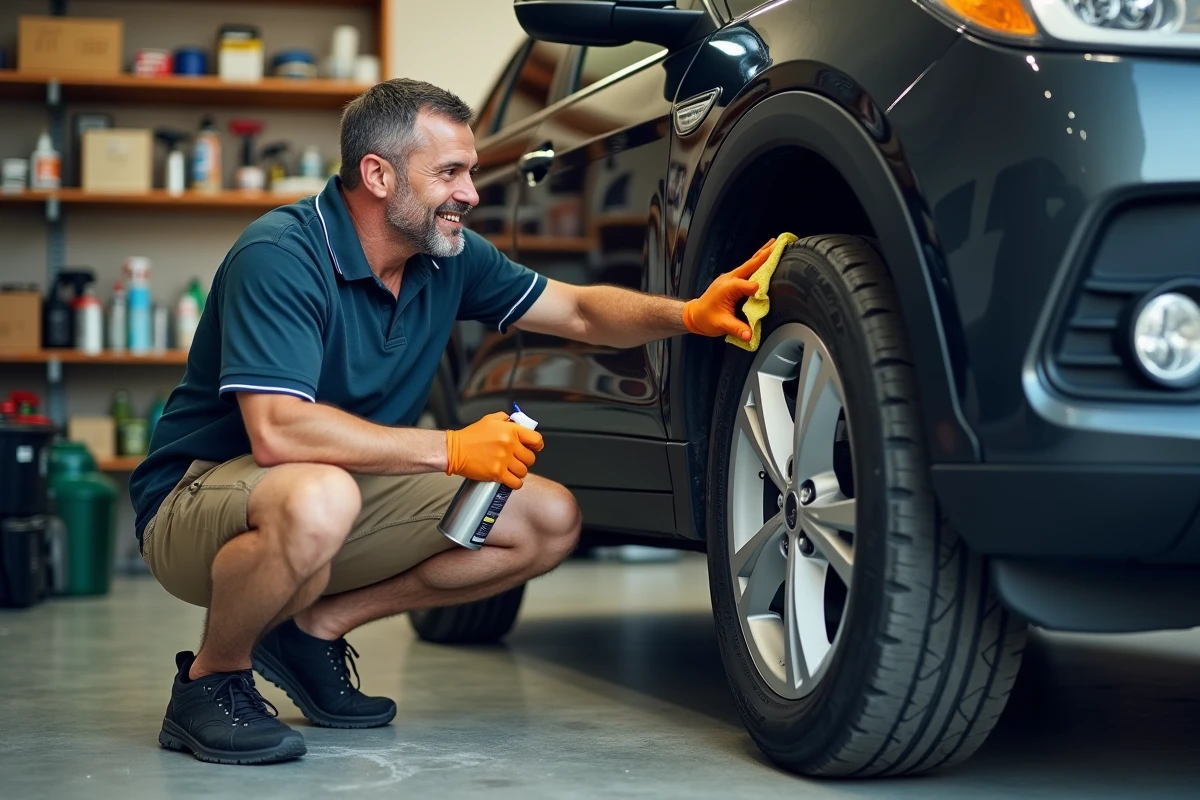 Homme nettoyant les roues de son SUV en garage