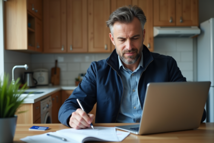 Homme d'âge moyen utilisant un ordinateur dans une cuisine moderne