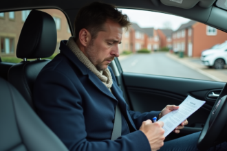 Homme d'âge moyen remplissant des papiers d'assurance dans une voiture