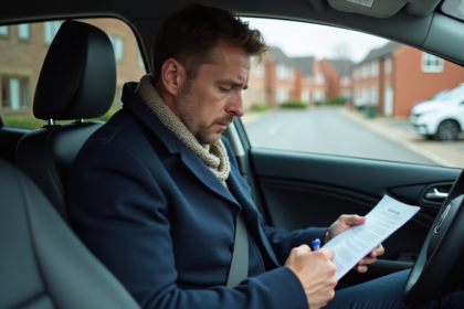 Homme d'âge moyen remplissant des papiers d'assurance dans une voiture
