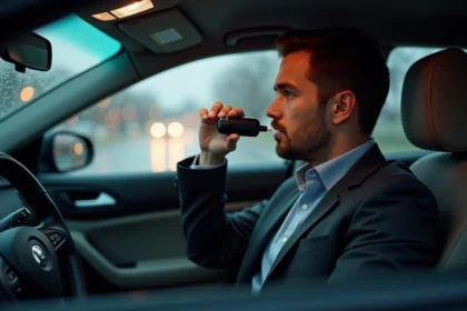 Homme d'affaires souffle dans un alcootest dans sa voiture