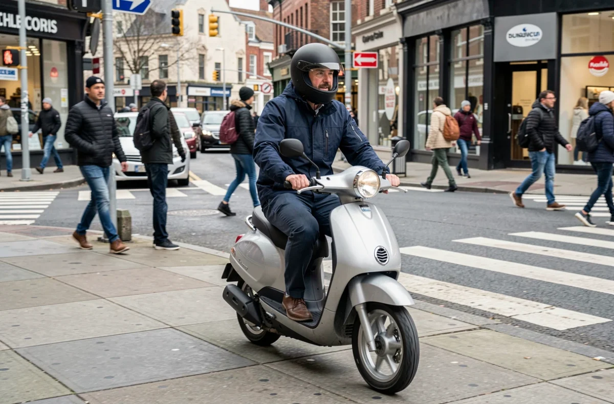 Homme en scooter 125cc argenté naviguant dans une intersection urbaine animée lors de son trajet domicile-travail