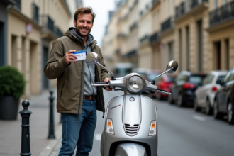 Homme français avec scooter et permis dans une rue parisienne