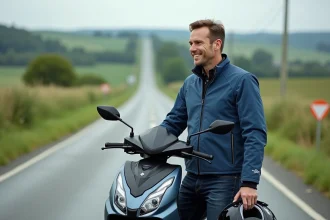 Homme en blouson moto bleu avec scooter en campagne