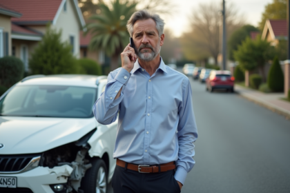 Homme d'âge moyen parlant au téléphone près d'une voiture endommagée
