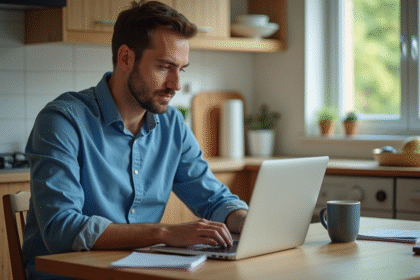 Homme d'environ trente ans travaillant à son ordinateur dans une cuisine lumineuse