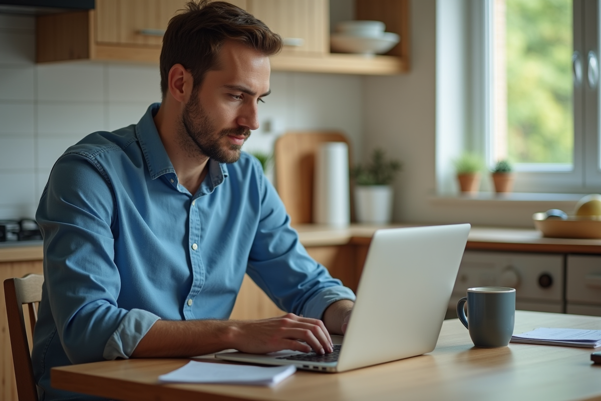 Homme d'environ trente ans travaillant à son ordinateur dans une cuisine lumineuse