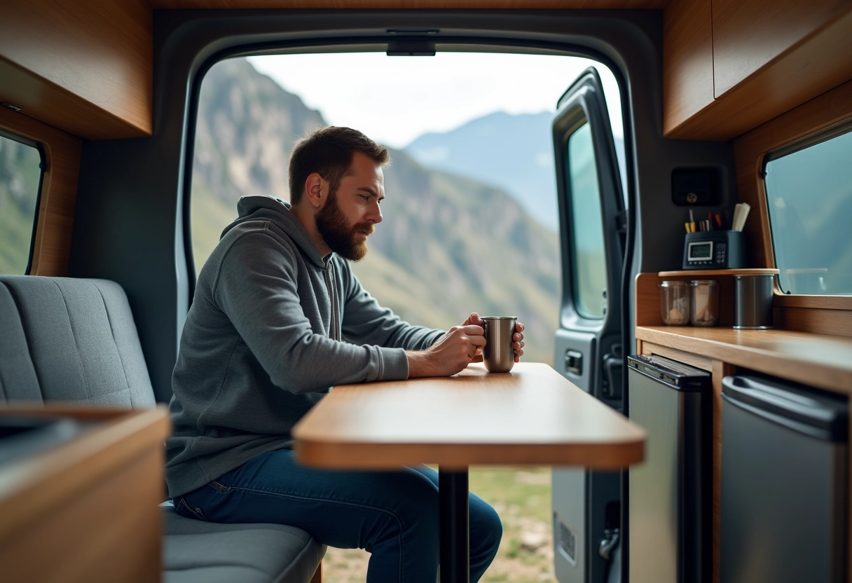 Homme vérifie le panneau de contrôle dans sa van isolée