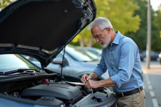 Homme inspectant le moteur d'une voiture en extérieur