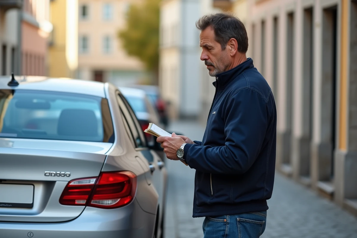 Homme inspectant une plaque d'immatriculation en ville