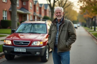 Homme en jeans vintage et voiture Aztek sur rue tranquille