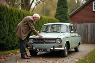 Homme examinant une Renault 12 classique dans la cour