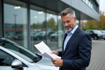 Homme en costume vérifiant documents devant une voiture moderne