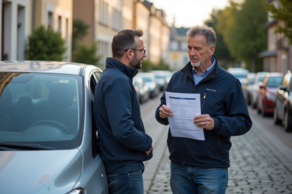 Homme d'âge moyen tenant un certificat de contrôle technique devant sa voiture