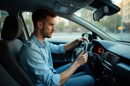 Homme regardant le voyant de pression des pneus dans la voiture