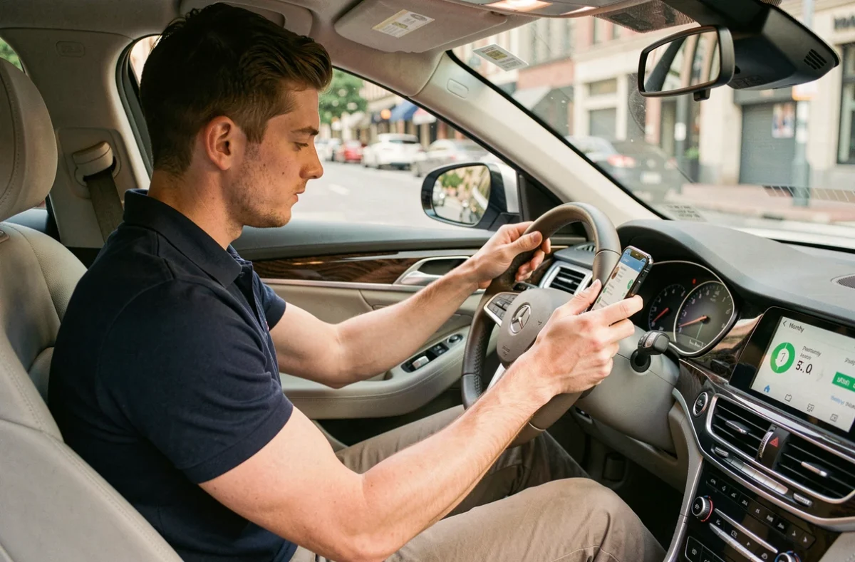 Jeune homme au volant d'une voiture neuve consultant une application de paiement mensuel sur smartphone