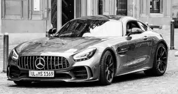 grayscale photo of mercedes benz coupe