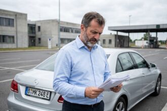 Homme français examinant des documents administratifs à côté d'une voiture allemande lors d'une importation de véhicule en France