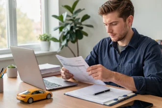 Indépendant étudiant un dossier de crédit voiture à son bureau