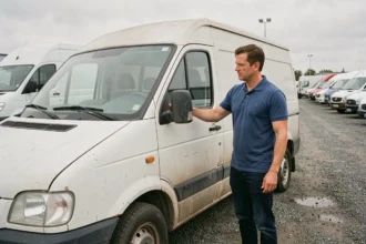 Homme inspectant un camion Agence tous risques d'occasion dans un parc de véhicules commerciaux d'occasion