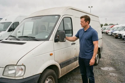 Homme inspectant un camion Agence tous risques d'occasion dans un parc de véhicules commerciaux d'occasion