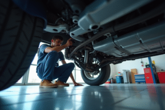 Mecanicien inspectant le dessous d'une voiture dans un garage moderne