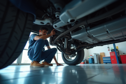 Mecanicien inspectant le dessous d'une voiture dans un garage moderne