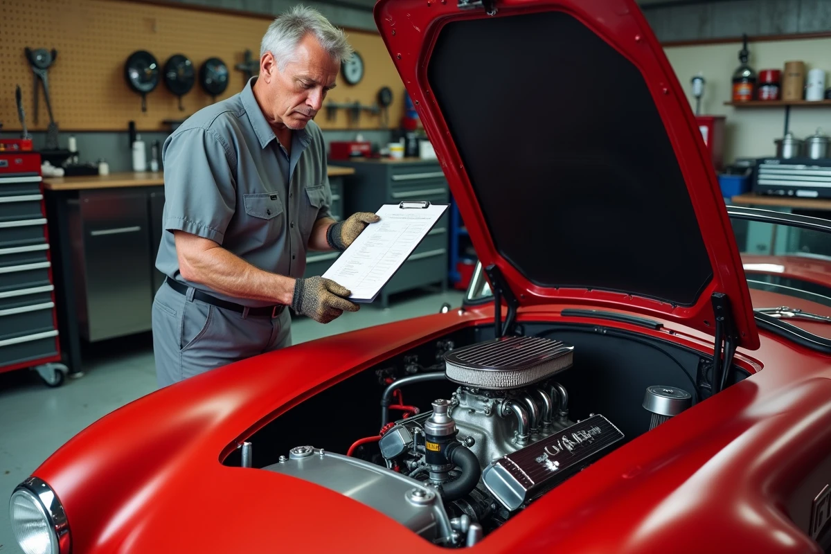 Mécanicien vérifiant le moteur d'une Cobra kit car avant achat dans un garage privé