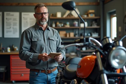 Homme inspectant un moteur de moto dans un garage