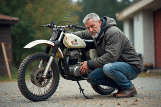 Homme inspectant une moto 125cc en extérieur