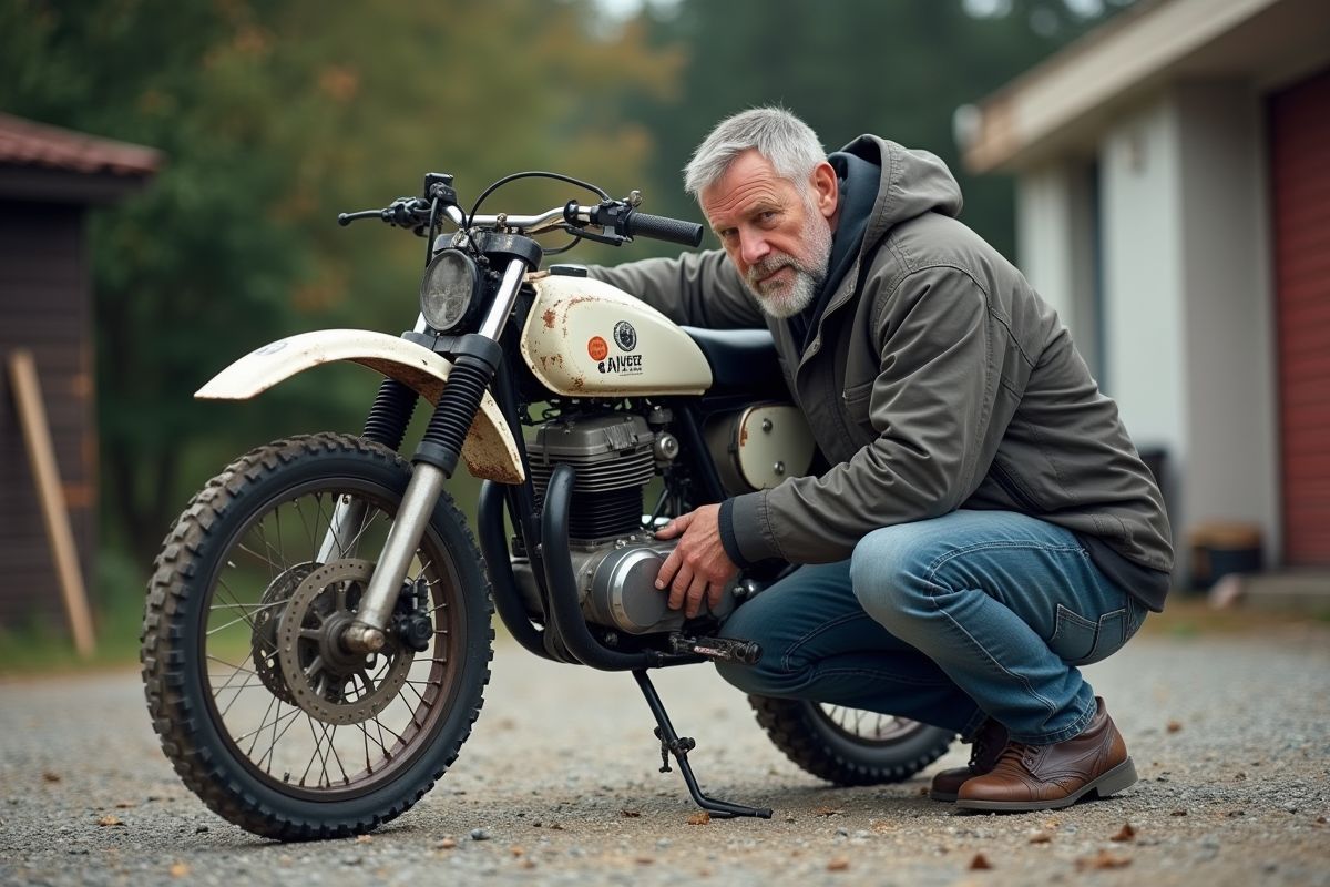 Homme inspectant une moto 125cc en extérieur