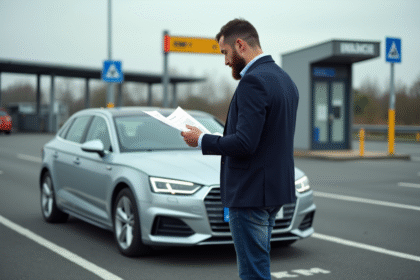 Homme inspectant des papiers près d'une voiture en zone frontière