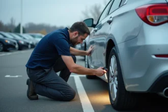 Inspecteur automobile examinant le châssis d'une voiture d'occasion pour détecter des problèmes cachés avant achat