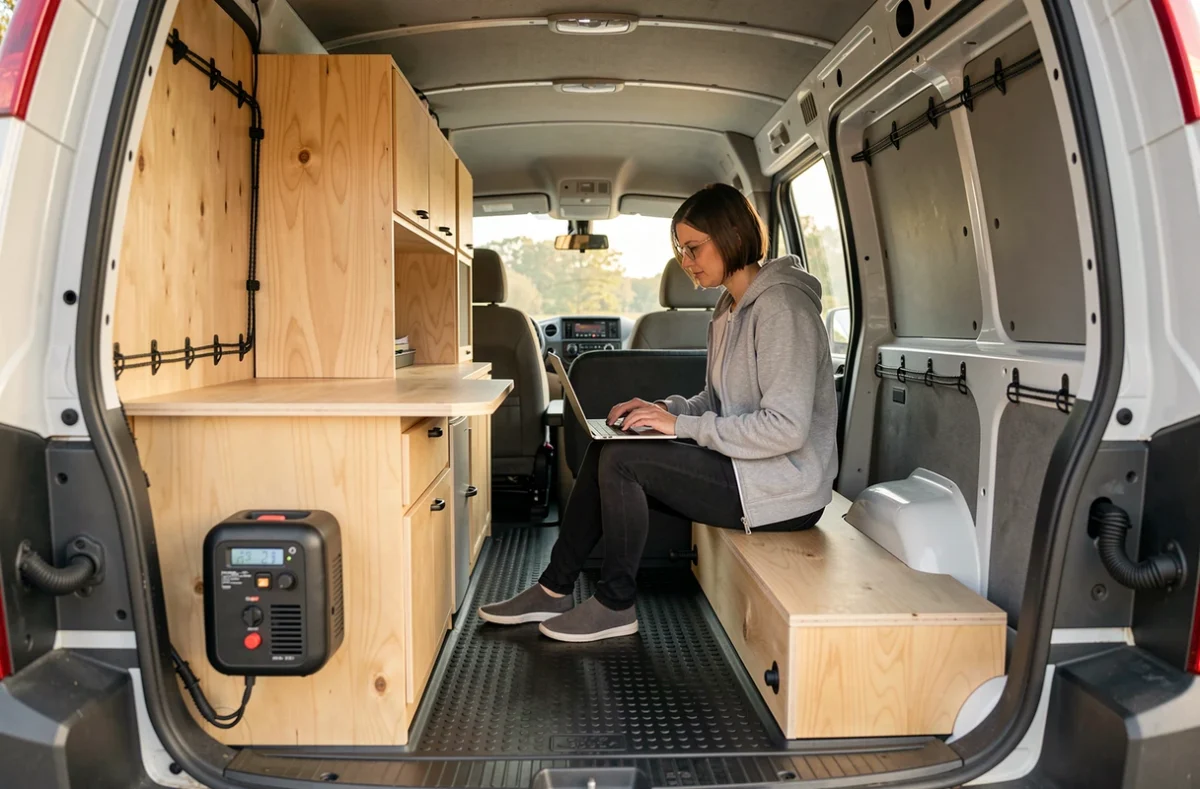 Intérieur aménagé d'un Kangoo électrique avec établi pliant, station d'énergie portable et femme travaillant sur ordinateur portable