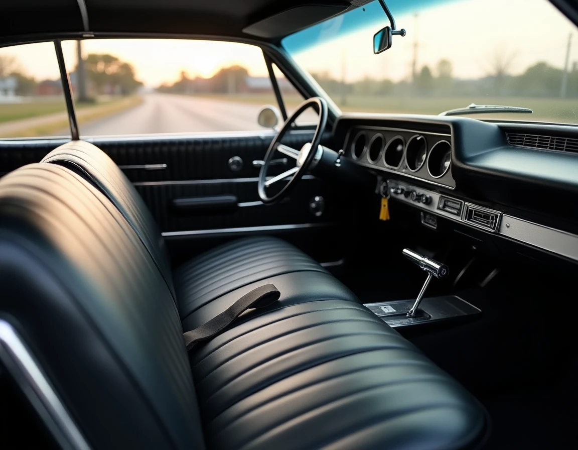 Intérieur vintage de la Chevrolet Impala 1967 avec banquette avant en vinyle noir, tableau de bord classique et volant chromé typique des américaines des sixties