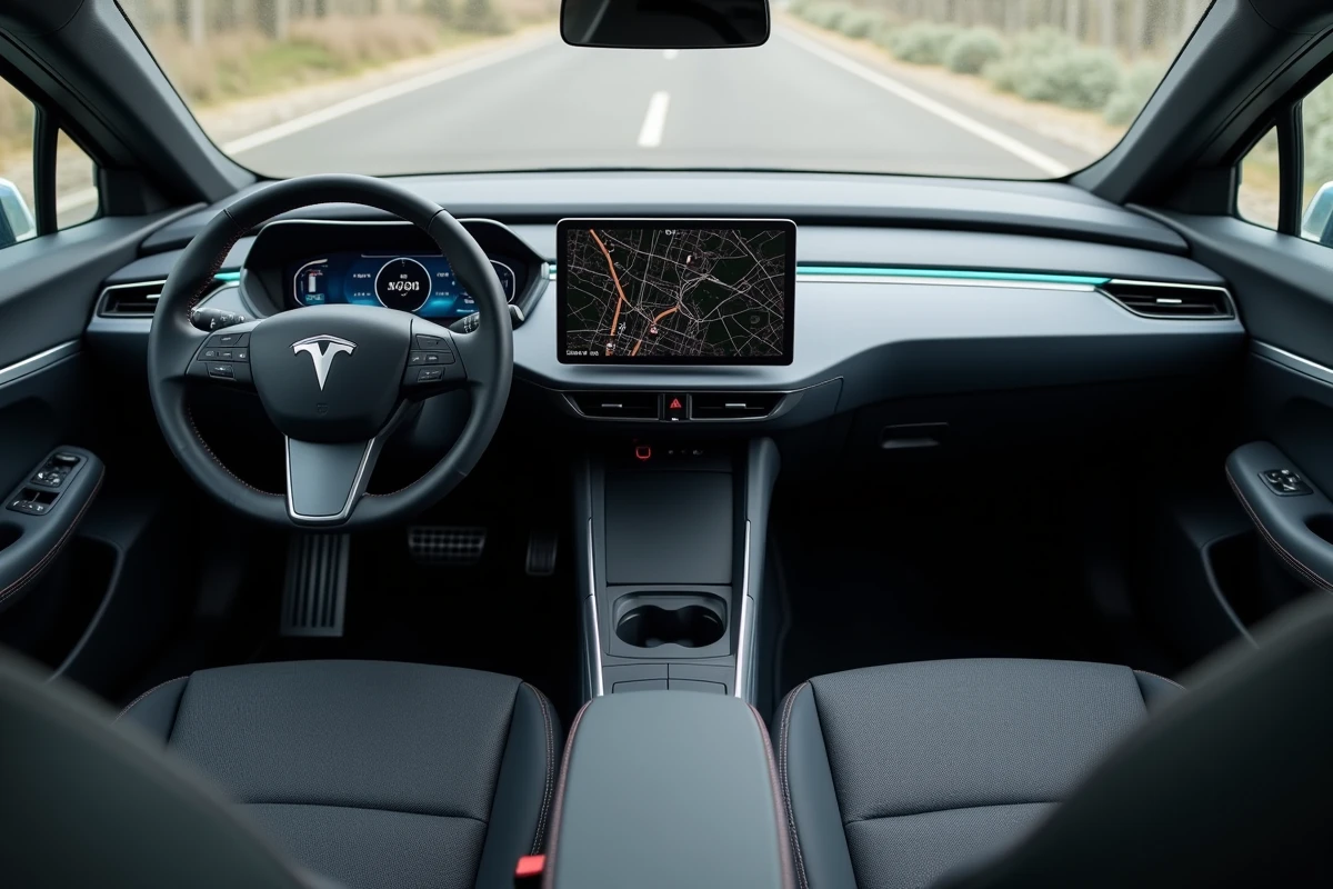 Intérieur du tableau de bord d'une voiture électrique populaire en France, avec écran tactile et indicateur d'autonomie en 2026