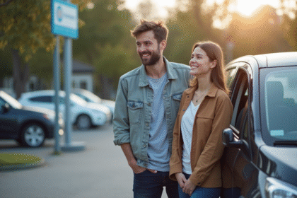 Jeune couple souriant à côté d'une voiture de location moderne