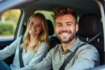 Jeune couple souriant dans une voiture en plein jour