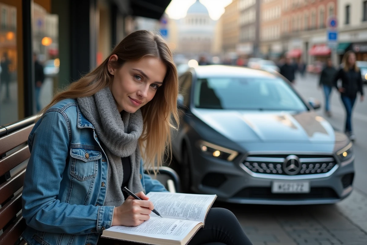 Jeune femme en extérieur avec livre de croix et voiture en ville